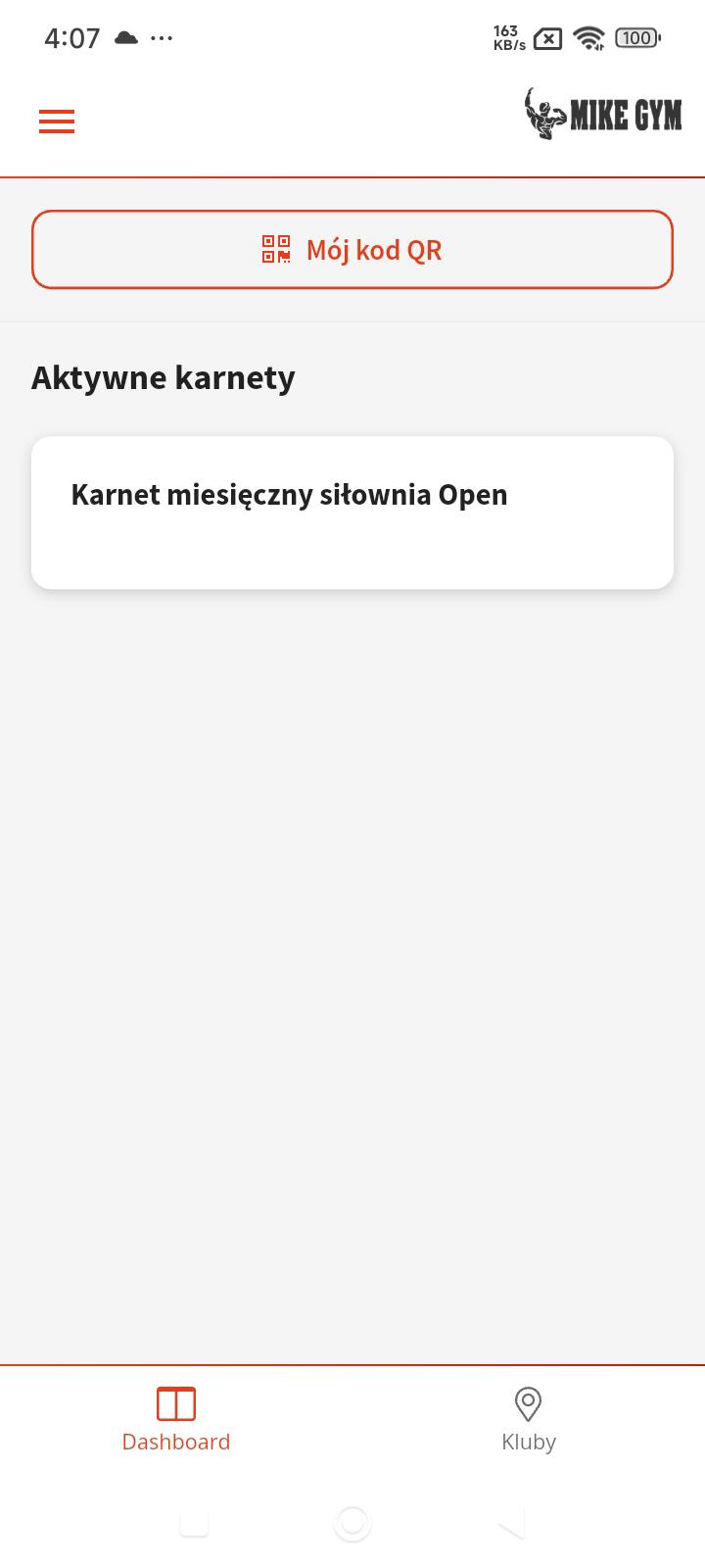 Panel aplikacji Mike Gym — kod QR do wejścia i aktywny karnet