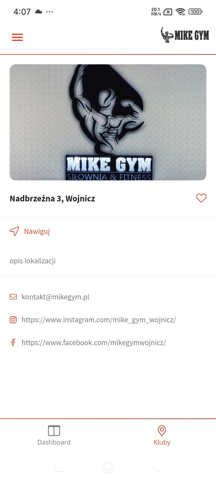 Lokalizacja Wojnicz w aplikacji Mike Gym